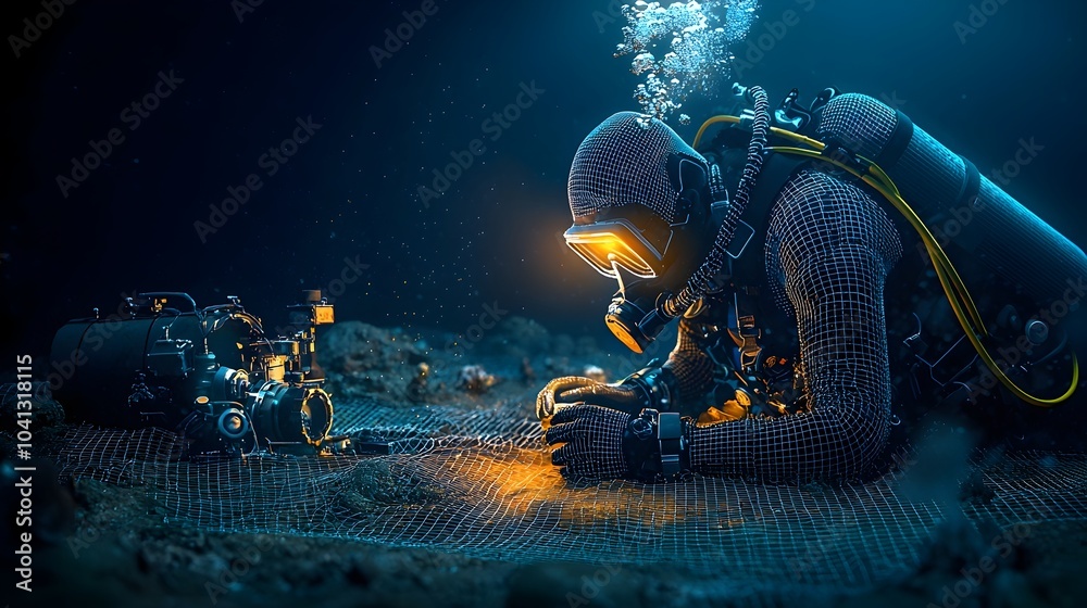 Poster Glowing mesh lines tracing the path of a scuba diver swimming through the deep luminous waters of the ocean  A futuristic digital visualization of an underwater adventure