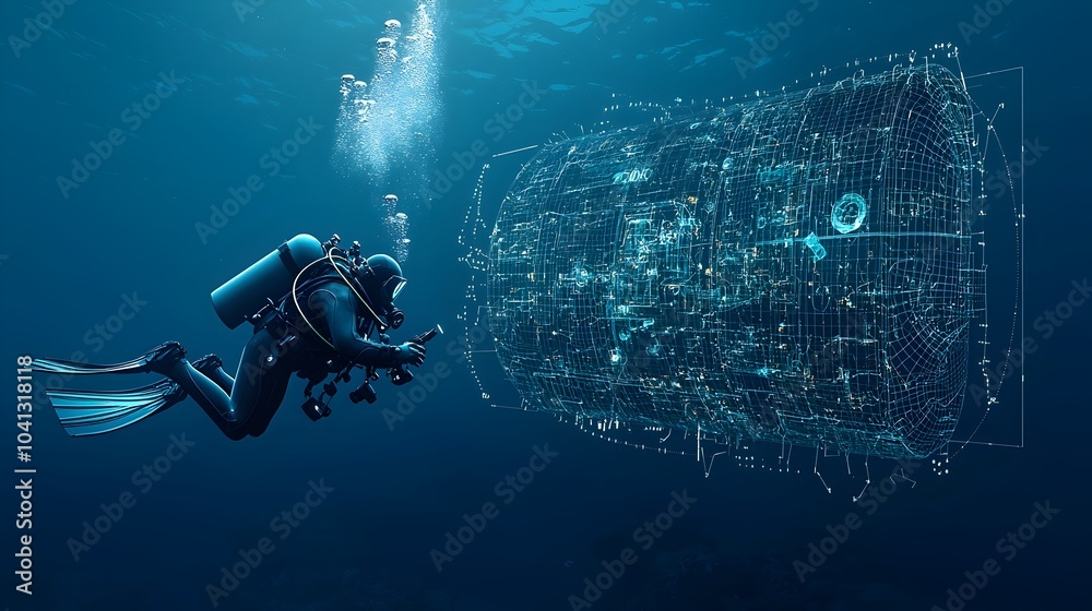 Poster Glowing mesh lines tracing the path of a scuba diver as they explore the deep luminescent waters of the underwater world  An abstract