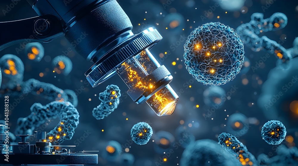 Aufkleber Glowing mesh microscope focusing in on the intricate details and illuminated structures of a cell and its organelles showcasing the advanced technology and scientific of the microscopic world