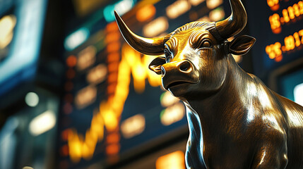 A golden bull figure standing on a dynamic stock market graph background with volumetric lighting