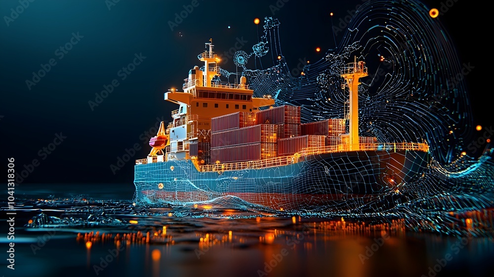Aufkleber glowing mesh outline of a cargo ship with illuminated containers and dynamic water waves representin