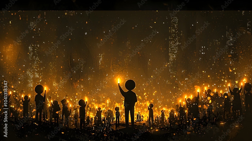 Poster Glowing mesh outline of a crowd holding candles symbolizing unity resilience and hope during challenging times  This abstract digital artwork conveys a sense of community support