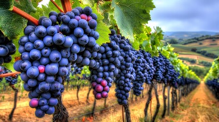 Naklejka premium A lush and bountiful vineyard nestled amidst rolling hills with grapevines heavy with ripe juicy fruit ready for the autumn harvest