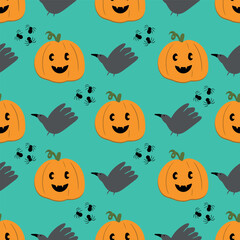 Halloween holiday pumpkin and crow seamless pattern design