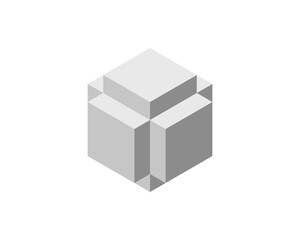 Cube logo, geometric vector design. Box logotype company, trendy tech emblem in pixel style.