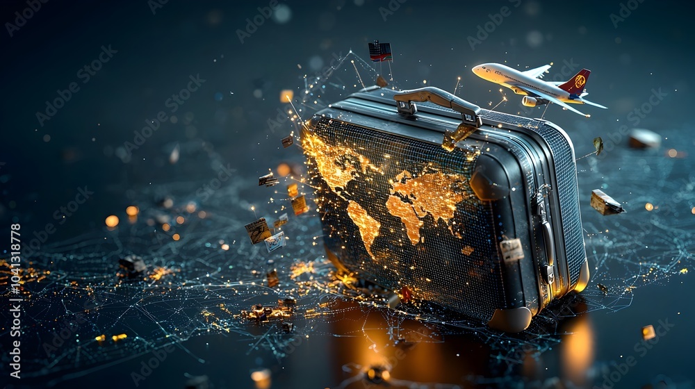 Poster Glowing mesh outline of a travel suitcase with light trails indicating various travel destinations symbolizing the journey adventure and of the modern voyager