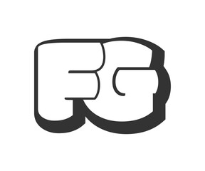 FG logo, bubble comic lettering, rounded in graffiti style black and white silhouette. Trendy preschool F and G letter text for festival party, personal initials, children funky print and web.