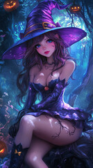 Halloween Cartoon,Beautiful Enchanting witch, pumpkin companion, broomstick ride, magical adventure,Generated by Ai