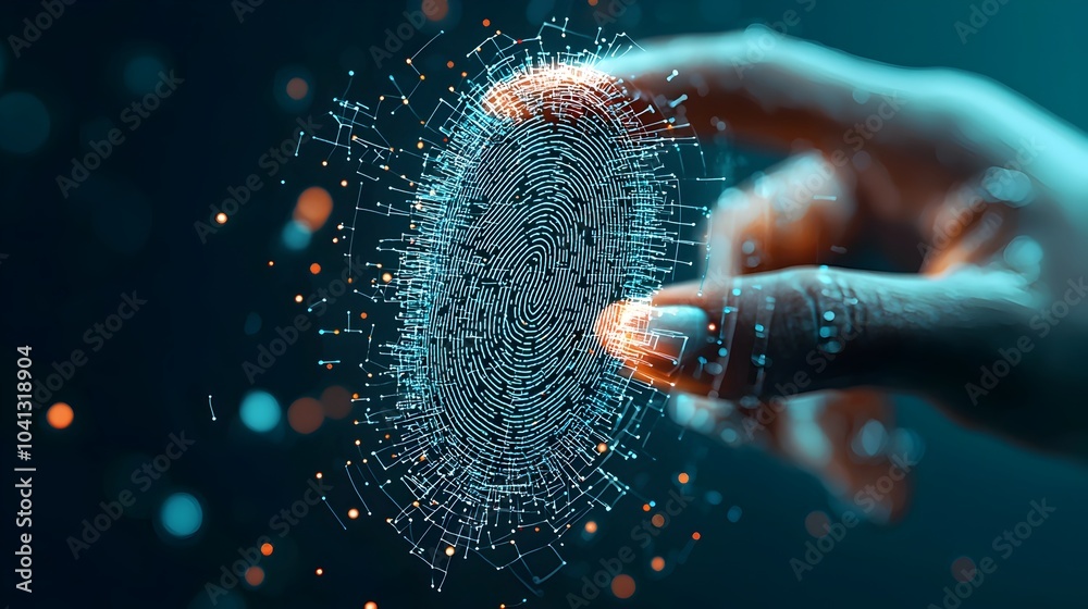 Aufkleber Glowing Mesh Outline of Digital Fingerprint Scanner for Biometric Security and Authentication  Abstract Futuristic Background with Dynamic Pulsing Lights