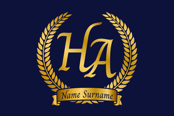 Initial letter H and A, HA monogram logo design with laurel wreath. Luxury golden calligraphy font.