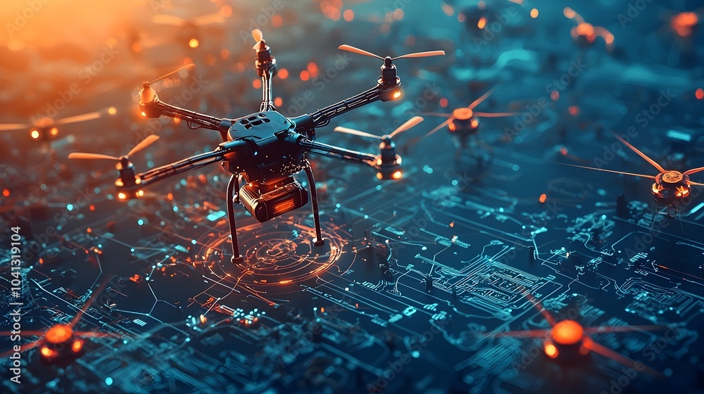 Poster glowing mesh pattern of autonomous drones forming a futuristic interconnected delivery network syste