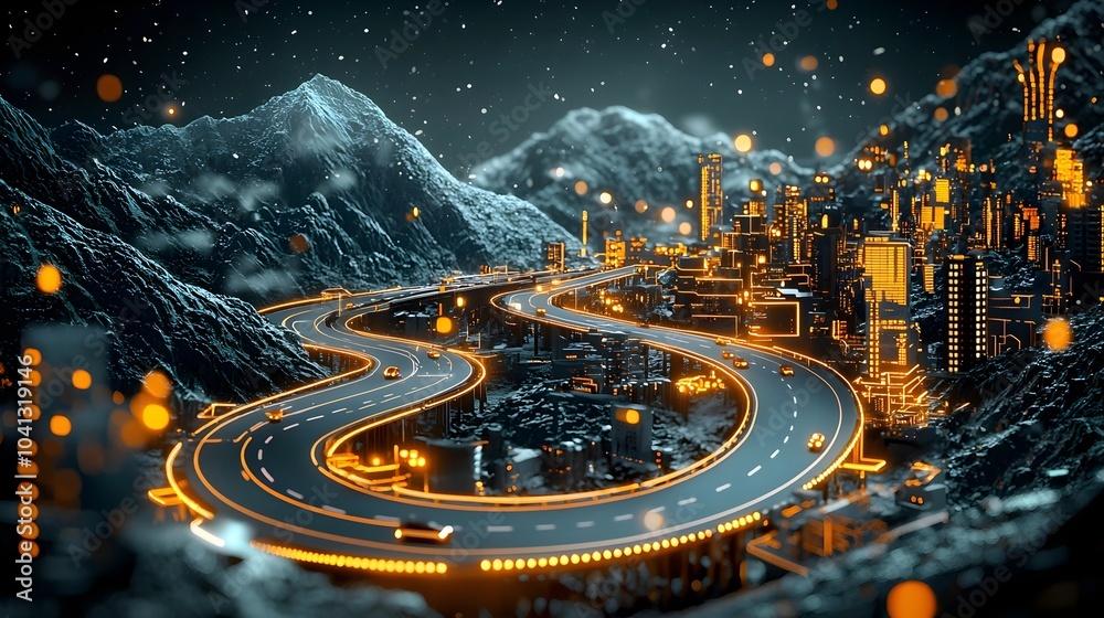 Aufkleber glowing mesh pattern of winding mountain road abstract digital of illuminated highway through mounta
