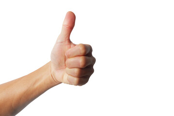 Asian man's hand showing up in a very good gesture on a white background.