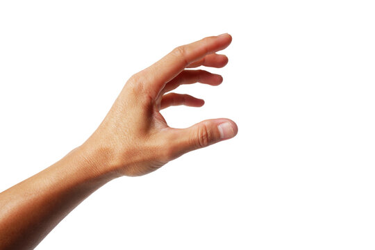 Asian man's hand reaching out to grab something on white background