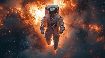 An astronaut floats through a fiery nebula in space.
