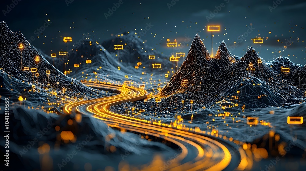 Aufkleber glowing mesh patterned winding road cutting through a dramatic illuminated mountain landscape the di