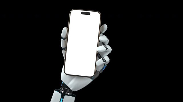 4k Video Humanoid Robot Hand Smartphone, Transparent Background. ProRes 4444 with Alpha Channel.