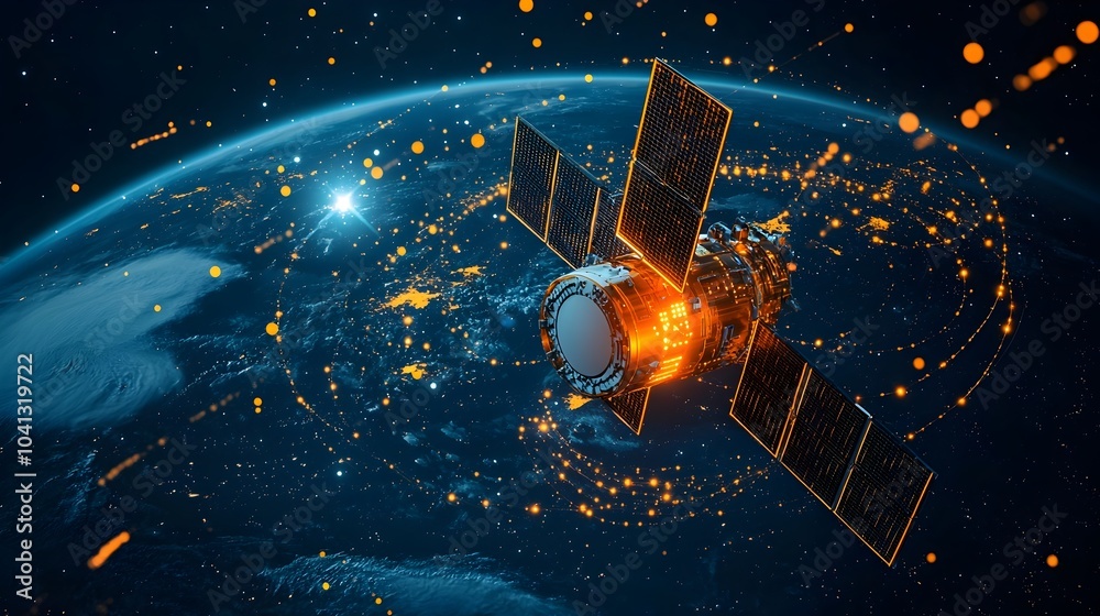 Aufkleber Glowing mesh satellite orbiting the Earth with data streams flowing dynamically around it representing global communication networks and digital technology in the future