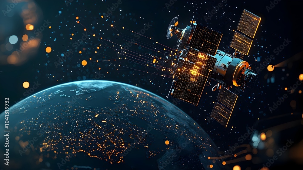 Fototapete glowing mesh satellite orbiting the planet earth with swirling data streams and a futuristic geometr