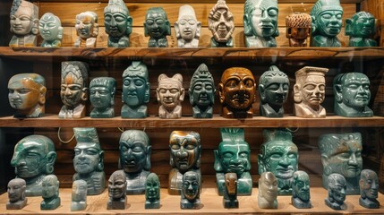 Intricate Aztec Jade Carvings in a Display Case