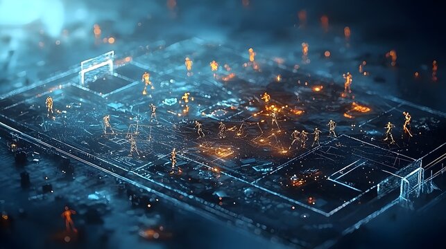 Glowing mesh soccer field with dynamic animated player positions and tactical formations showcasing the high tech and digital elements of modern sports gameplay and strategy