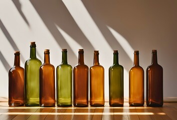 シンプルな部屋のフローリングに置かれたたくさんの瓶