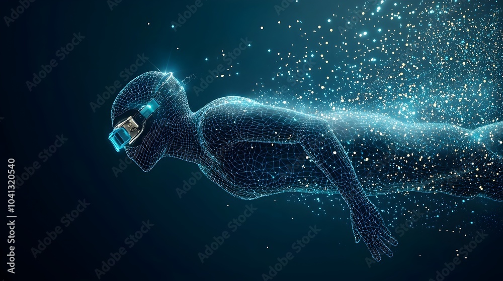 Leinwandbilder glowing mesh swimmer gracefully diving into a wave made of luminous pulsating light patterns creatin