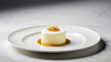 Elegant white mousse dessert topped with an orange edible flower, served with a caramel sauce ring on a white plate