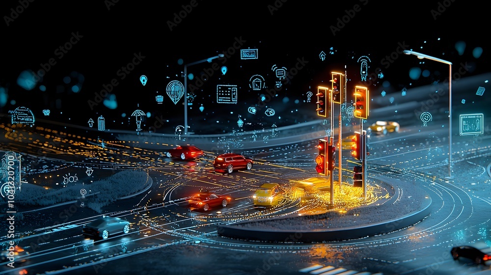 Aufkleber glowing mesh traffic lights displaying changing colors and light trails of moving vehicles on a nigh