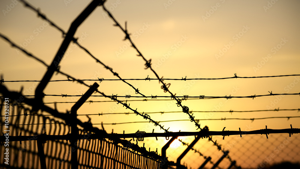 Wall mural silhouette of concertina barbed wire on a prison fence