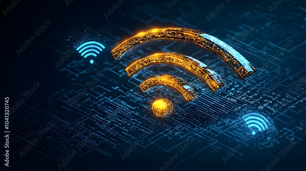 Poster glowing mesh wi fi symbol with radiating energy waves futuristic digital technology backdrop dynamic