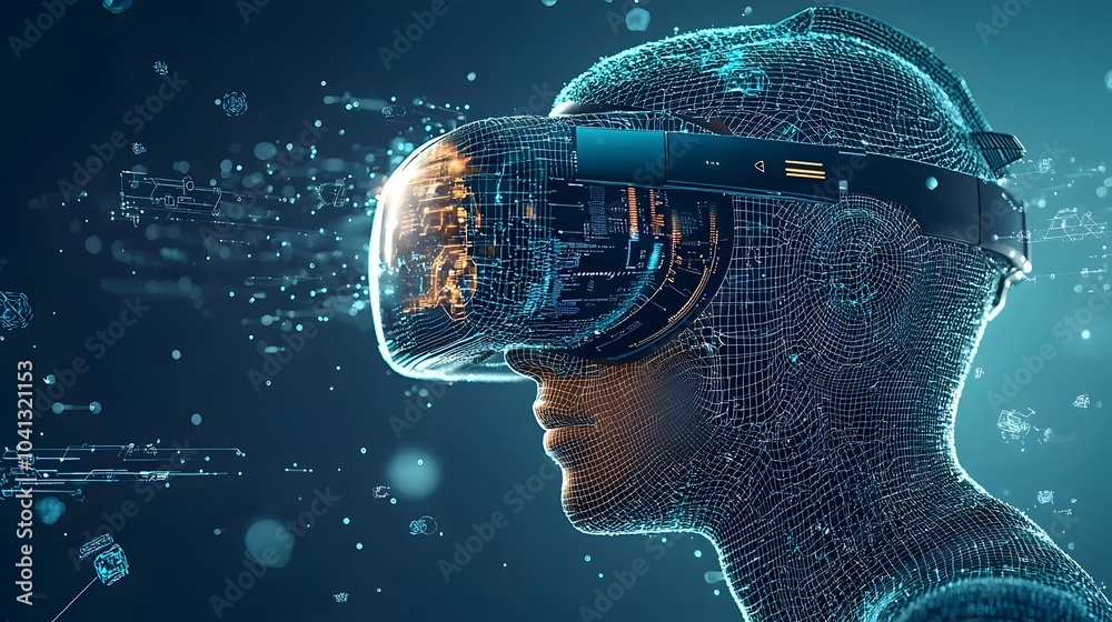 Aufkleber Glowing virtual reality headset with swirling digital elements formed by a mesh of interconnected lines creating a futuristic immersive and interactive visual experience