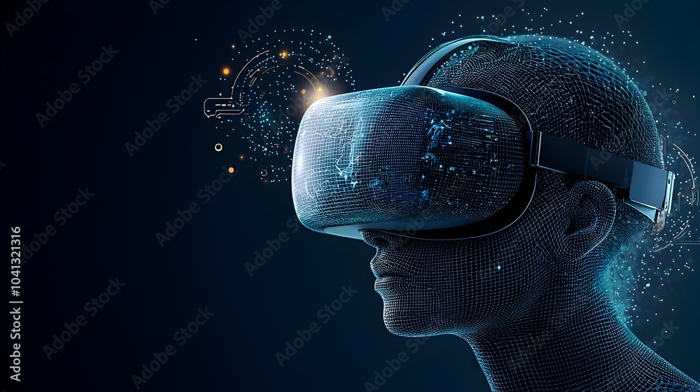 Aufkleber glowing vr headset surrounded by swirling virtual elements created by dynamic mesh lines abstract fu