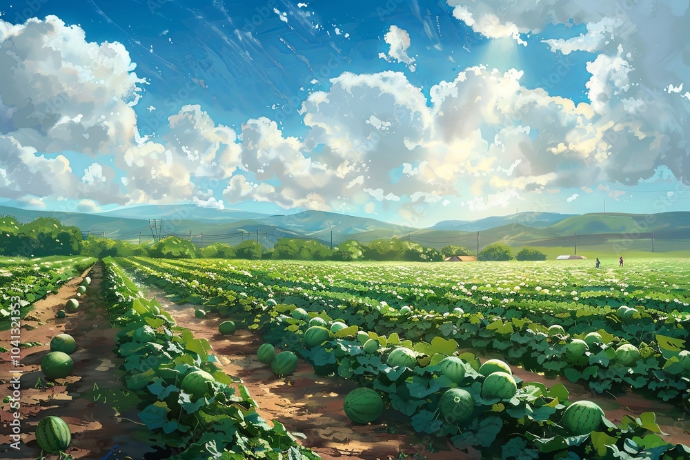 Poster rows of watermelon plants flourish in a sunny field, basking under a bright blue sky dotted with flu