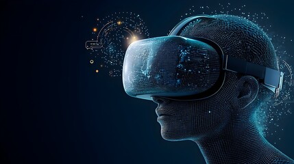 Glowing VR headset surrounded by swirling virtual elements created by dynamic mesh lines  Abstract futuristic visualization of immersive digital technology and interactive interfaces