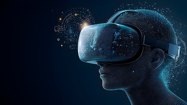 Glowing VR headset surrounded by swirling virtual elements created by dynamic mesh lines  Abstract futuristic visualization of immersive digital technology and interactive interfaces