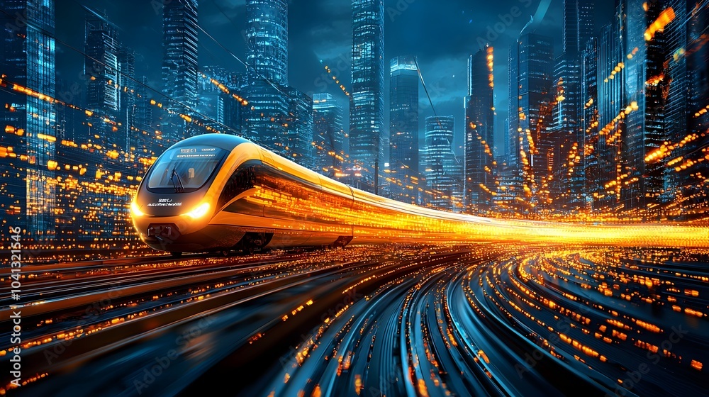 Aufkleber high speed train gliding swiftly through a cityscape at night with blurred light trails and mesh pat