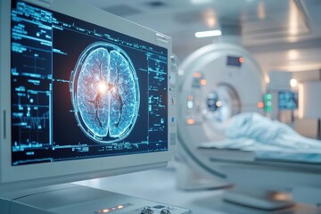 Brain scan displayed on monitor in a modern medical imaging room during patient examination