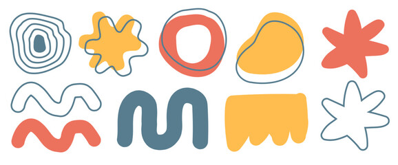 Simple doodle cartoon abstract shapes elements design in childish kids style vector graphic illustration set, line stroke hand drawn scribble blotch blobs figures, comic fun cute decor patterns image 