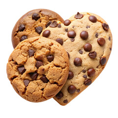 Chocolate chip cookie in heart shape top view isolated on transparent background