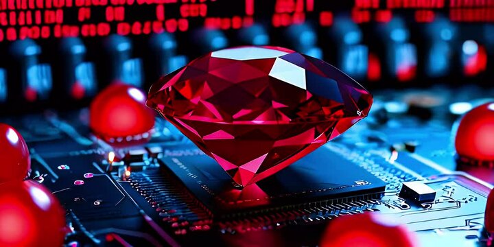 A large red ruby gemstone sits on a blue circuit board with binary code in the background.