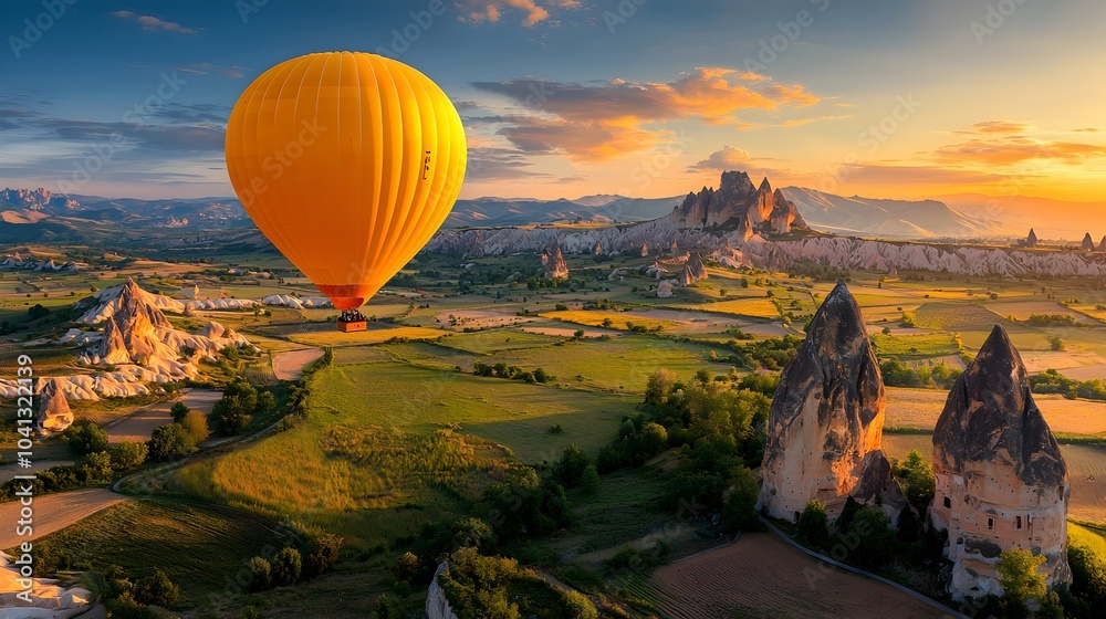 Poster majestic mesh pattern of a hot air balloon floating peacefully above a glowing ethereal landscape at