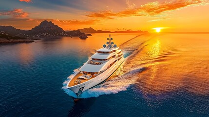 Majestic Outline of a Sleek Yacht Gracefully Cruising Through Glimmering Ocean Waters Against a Breathtaking Sunset Sky