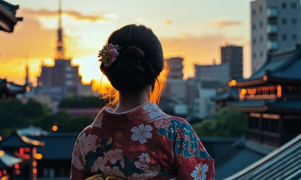 Woman in Kimono Facing Sunset Over Japanese Cityscape
