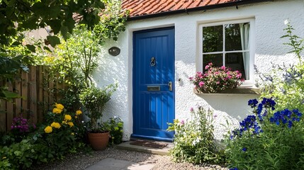 Cozy and picturesque cottage door with a bright blue painted exterior and a vibrant floral potted plant situated beside the welcoming entrance