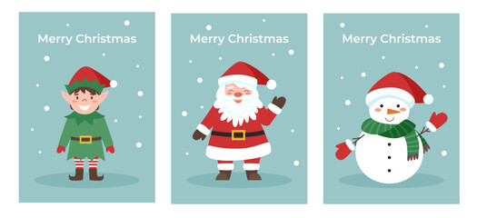 Set of Christmas posters. Christmas cards with Santa Claus, snowman and elf. Flat illustration.	
