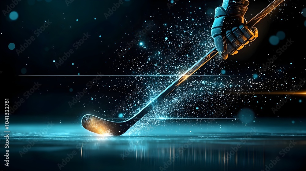 Leinwandbilder mesh lines forming a dynamic hockey stick shape hitting a glowing luminous puck creating a powerful 