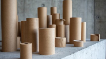 several cardboard tubes of various sizes arranged on a concrete surface, creating an industrial
