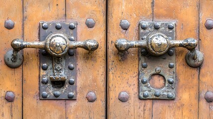 Fototapeta premium Exquisitely designed ornate metal house door featuring intricate patterns a large distinctive handle and a classic sophisticated architectural style that evokes a sense of heritage and elegance