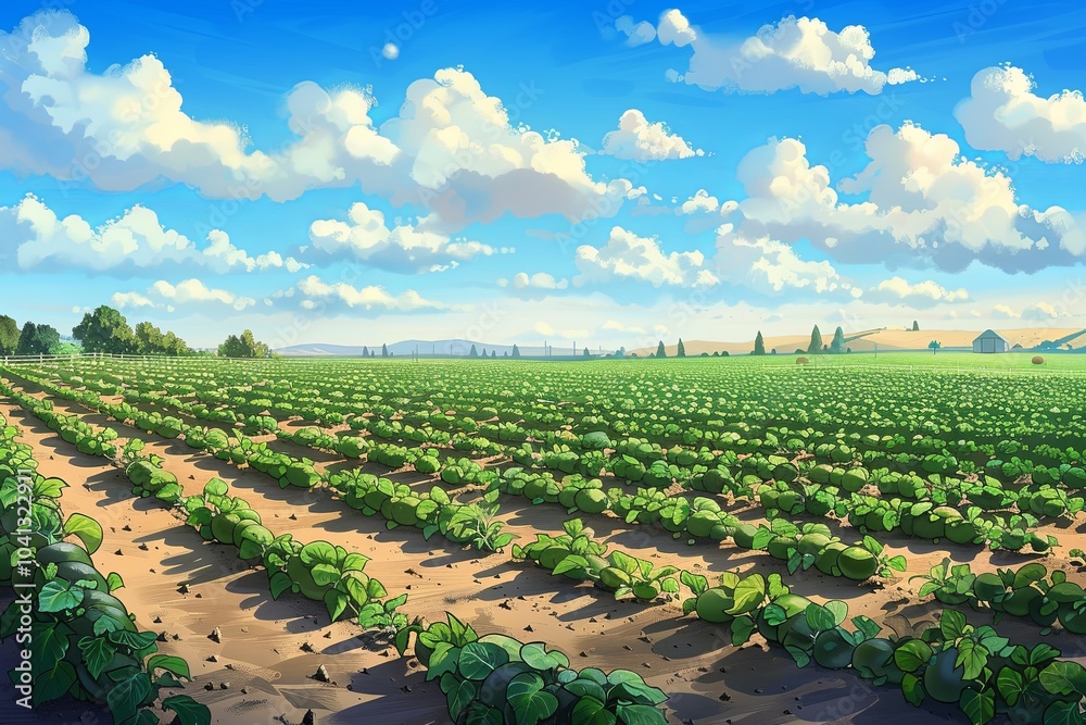 Poster rows of lush watermelons stretch across the field, basking in bright sunlight beneath a clear blue s